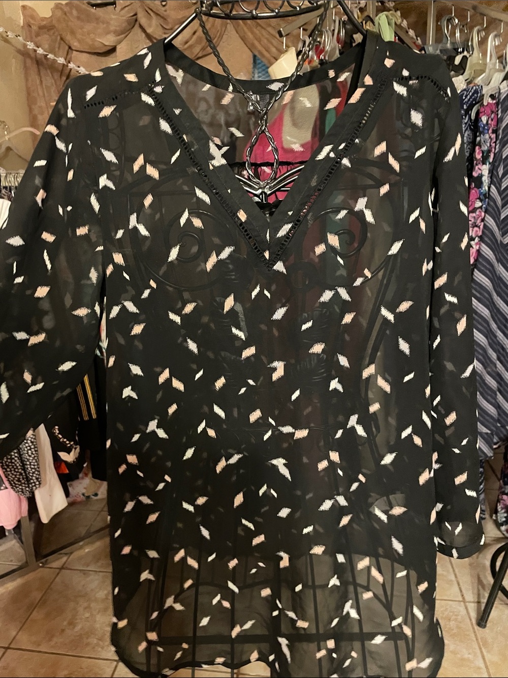 Maurices Black Sheer V-Neck Tunic with Blush Print